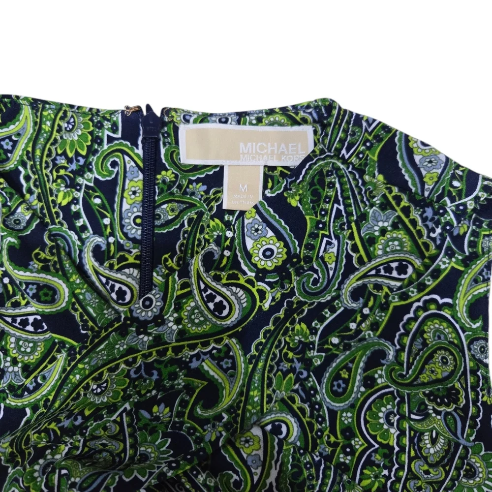 Michael Kors Halter Flare Green Paisley Crossover Neck Stretch Dress M